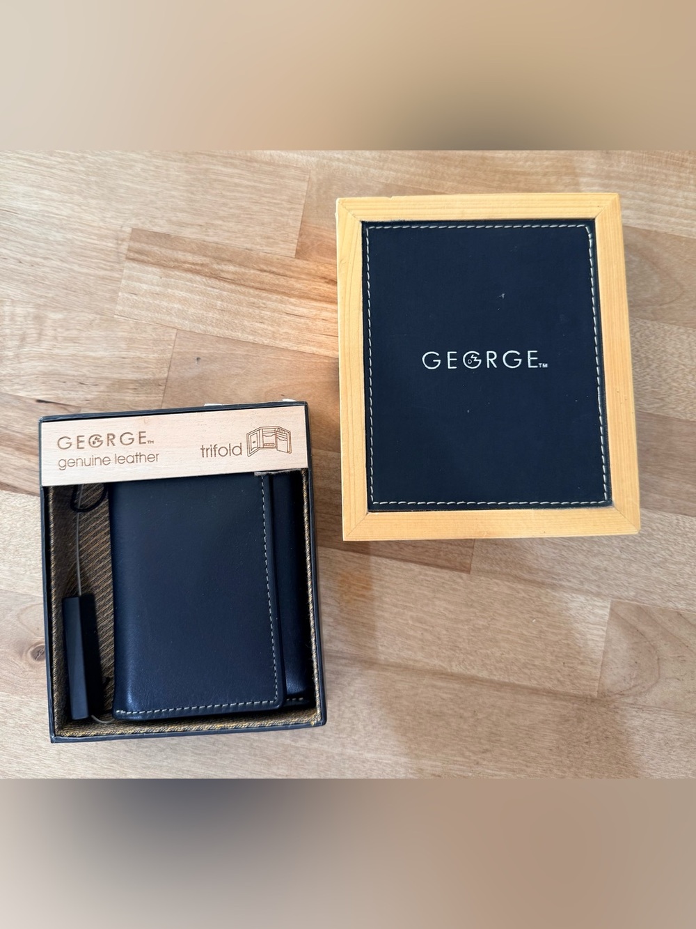 George Black Leather Trifold Wallet with Branded Box